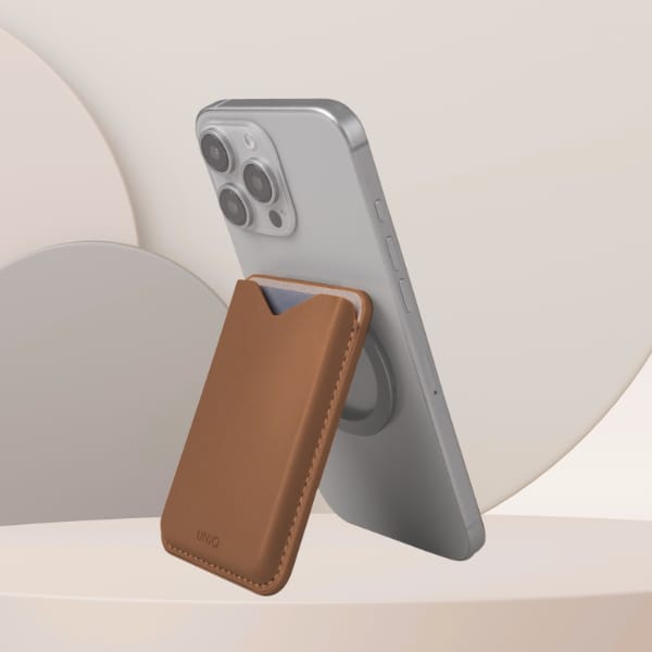 Magnetyczny portfel UNIQ Lyden Evo       stojak na telefon caramel