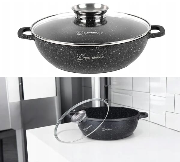 Wok Aluminiowy 28cm 3,3l z pokrywką. Powłoka Marmurowa. Masterpan