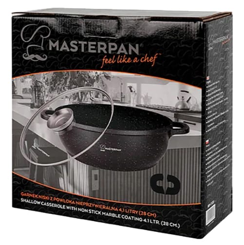 Wok Aluminiowy 28cm 3,3l z pokrywką. Powłoka Marmurowa. Masterpan
