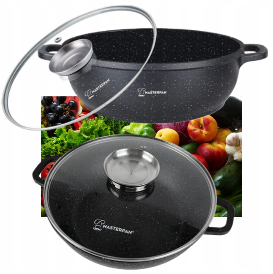 Wok Aluminiowy 28cm 3,3l z pokrywką. Powłoka Marmurowa. Masterpan