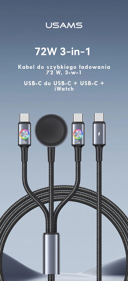 Kabel USAMS Huan Series SJ754 72W USB-C  do USB-C + USB-C + ładowarka bezprzewodowa do zegarka tarnish