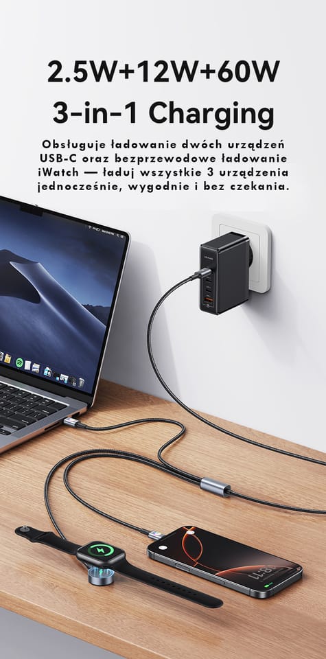 Kabel USAMS Huan Series SJ754 72W USB-C  do USB-C + USB-C + ładowarka bezprzewodowa do zegarka tarnish