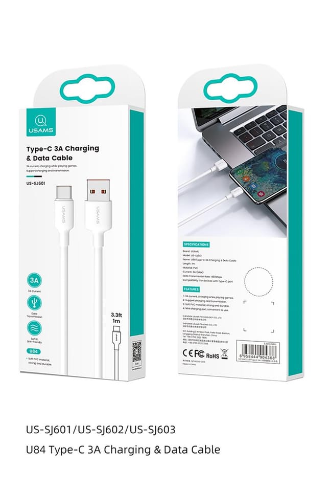 Kabel USAMS US-SJ603 U84 3A USB-C do     USB-A 3m biały