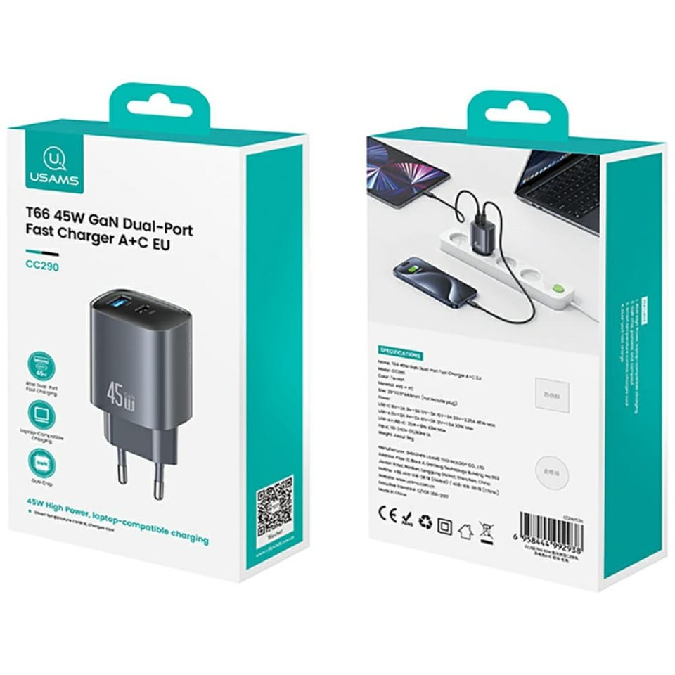 Ładowarka sieciowa USAMS CC290 T66 45W   GaN 1xUSB-A 1xUSB-C srebrny