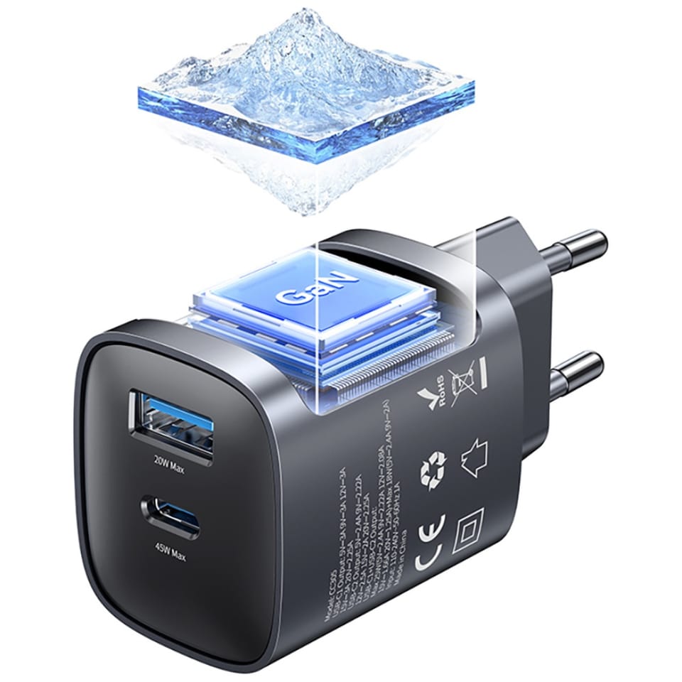 Ładowarka sieciowa USAMS CC290 T66 45W   GaN 1xUSB-A 1xUSB-C srebrny