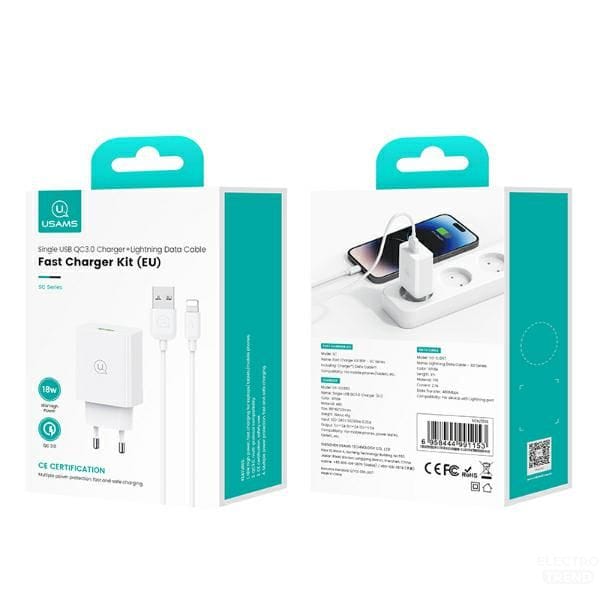 USAMS Ład. siec. 18W + kabel Lightning/USB-A Fast Charging biały/white series SC SCXLTZ03