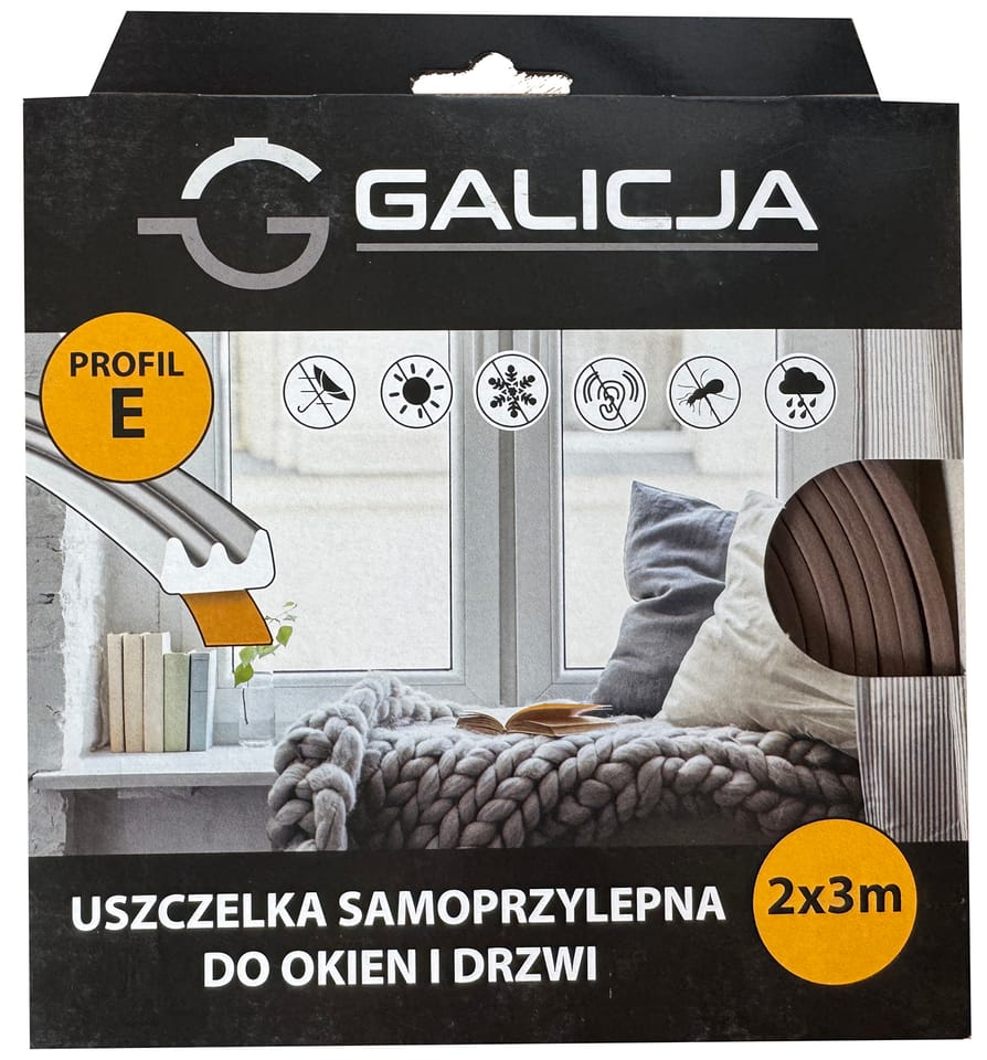 Uszczelka samoprzylepna do okien i drzwi 2x3m (Profil E, brązowy)