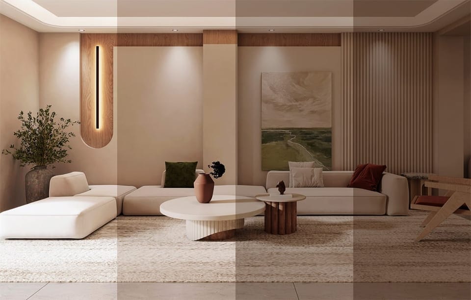 Lampa sufitowa Yeelight Meteor C300 oświetlająca salon z jasnymi sofami i stolikiem kawowym.