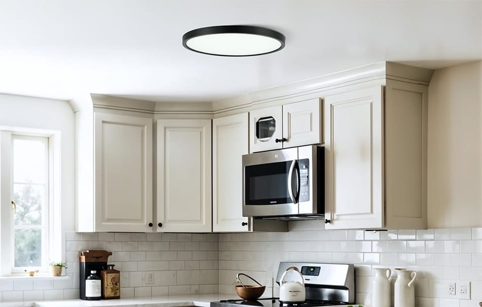 Lampa sufitowa Yeelight Meteor C400 zamontowana w jasnej kuchni z białymi szafkami i metalową kuchenką mikrofalową.