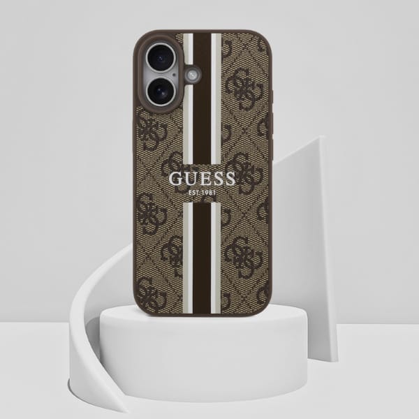 Etui Guess 4G Printed Stripes MagSafe do iPhone 17 brązowy