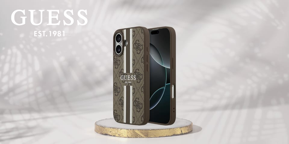 Etui Guess 4G Printed Stripes MagSafe do iPhone 17 brązowy