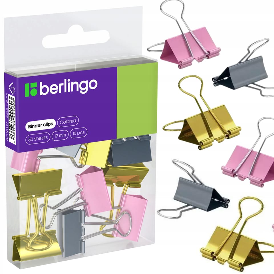 Klipy biurowe do papieru 19mm 10szt. różowe złote i srebrne 330194 BERLINGO
