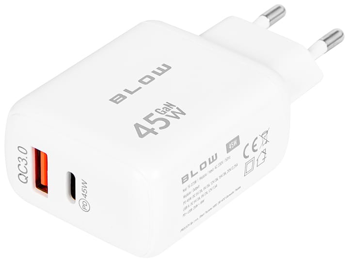 Ładowarka sieciowa gniazdo USB + USB-C PD 45W GaN