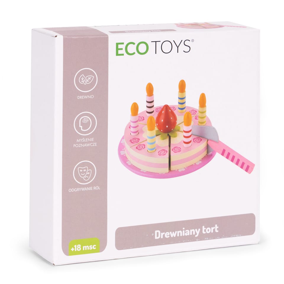 Zestaw drewniany tort na rzepy świeczki truskawka dla dzieci 15 elementów ECOTOYS