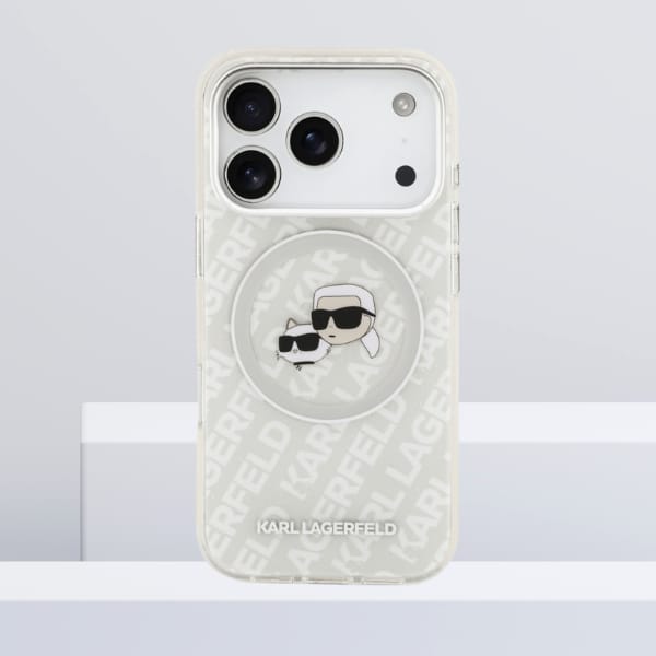 Etui Karl Lagerfeld IML Glitter Karl &   Choupette Heads Logo MagSafe do iPhone 17 Pro szary
