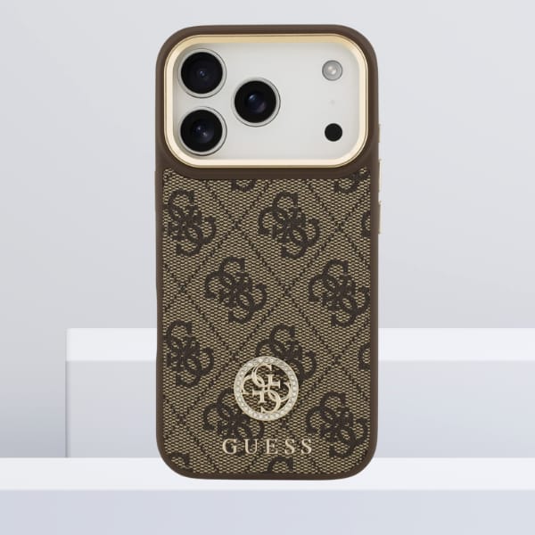 Etui Guess 4G Strass Logo MagSafe do     iPhone 17 Pro brązowy