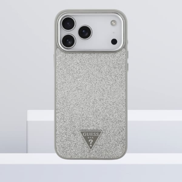 Etui Guess Glitter Triangle Logo MagSafe do iPhone 17 Pro Max srebrny