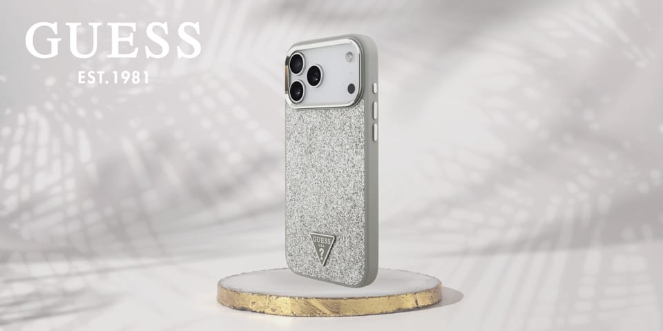 Etui Guess Glitter Triangle Logo MagSafe do iPhone 17 Pro Max srebrny