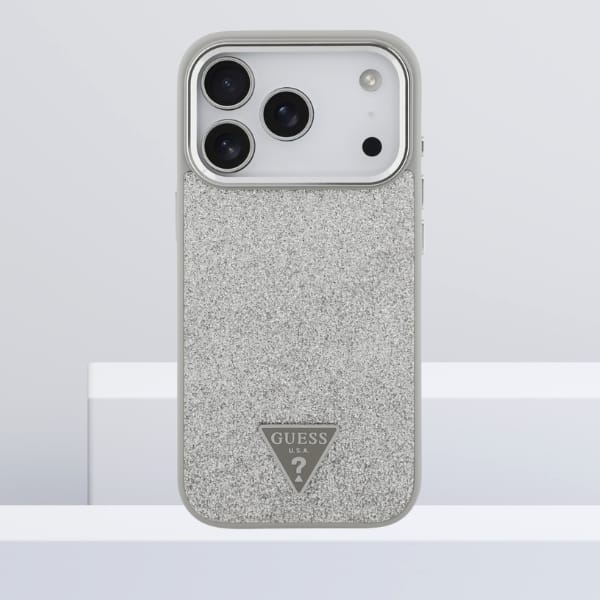 Etui Guess Glitter Triangle Logo MagSafe do iPhone 17 Pro srebrny