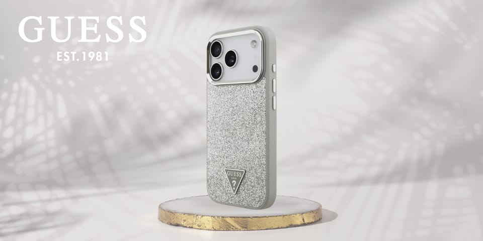Etui Guess Glitter Triangle Logo MagSafe do iPhone 17 Pro srebrny
