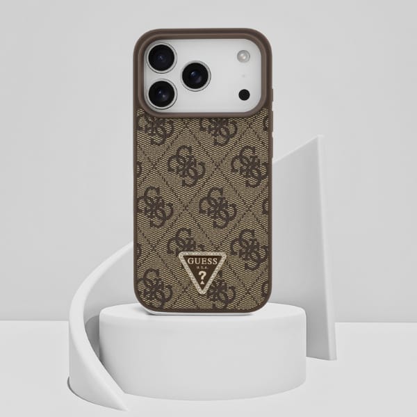 Etui Guess Leather 4G Triangle Strass    MagSafe do iPhone 17 Pro brązowy