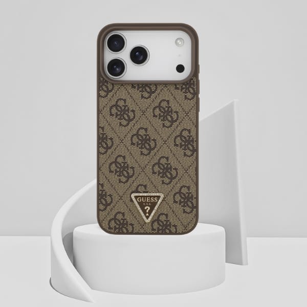 Etui Guess Leather 4G Triangle Strass    MagSafe do iPhone 17 Pro Max brązowy
