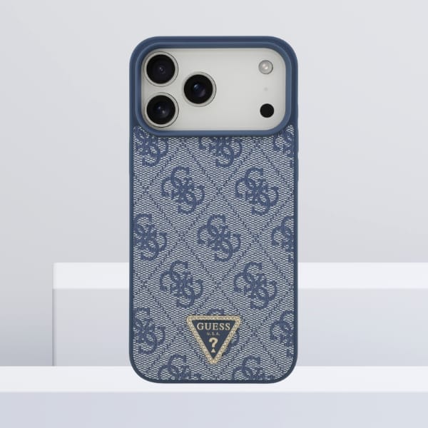 Etui Guess Leather 4G Triangle Strass    MagSafe do iPhone 17 Pro Max niebieski