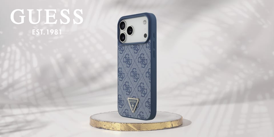 Etui Guess Leather 4G Triangle Strass    MagSafe do iPhone 17 Pro Max niebieski