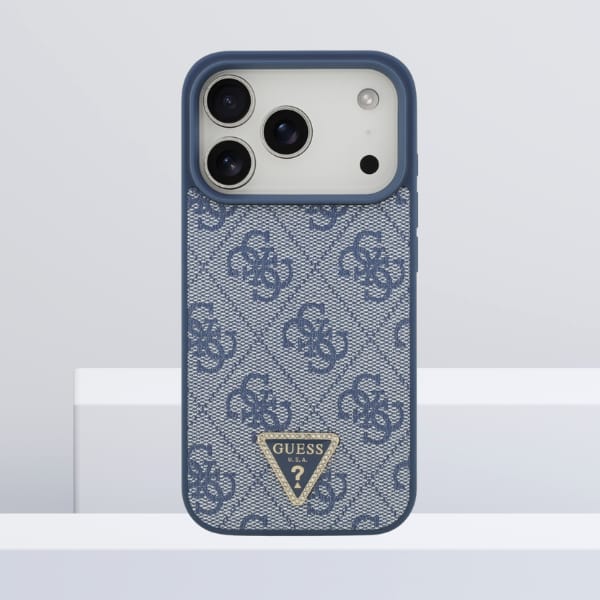 Etui Guess Leather 4G Triangle Strass    MagSafe do iPhone 17 Pro niebieski