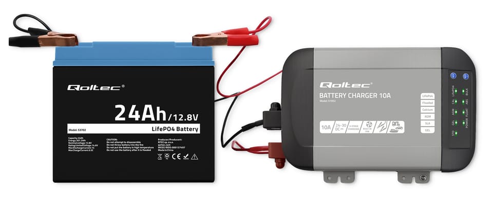 Qoltec Inteligentna ładowarka Monolith do akumulatorów LiFePO4 AGM GEL SLA | 10A | 24V