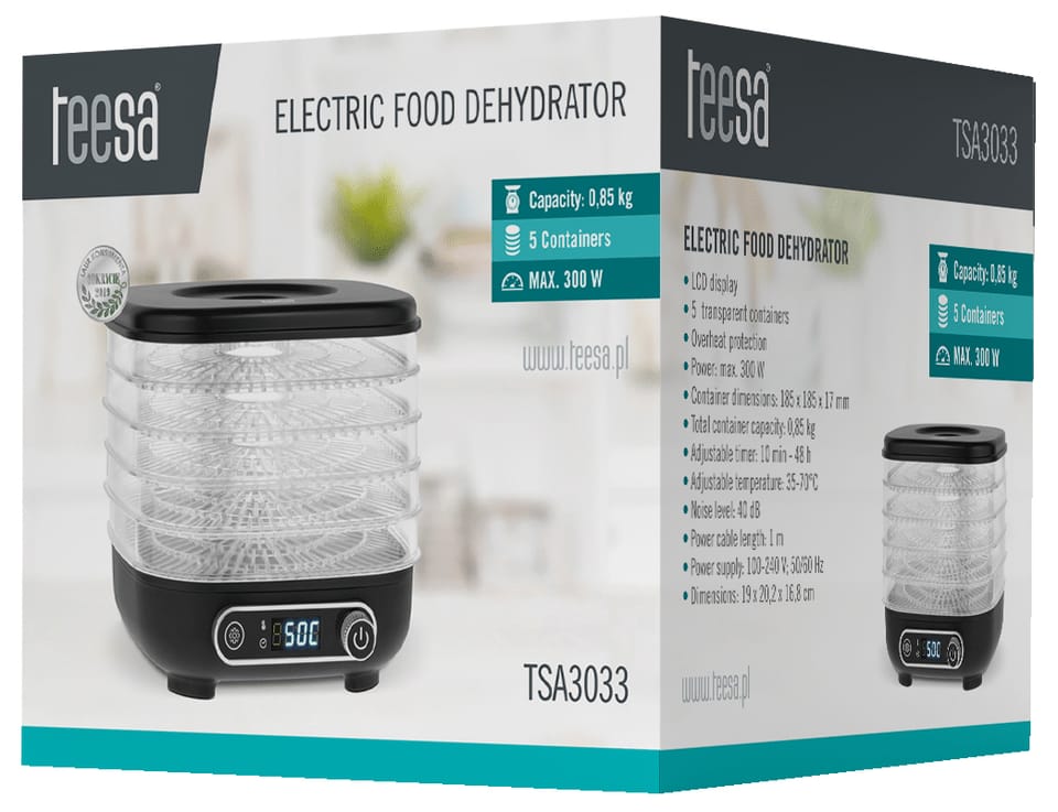 Mała suszarka do grzybów, warzyw, owoców 300W 5 sit termoobieg LCD Teesa