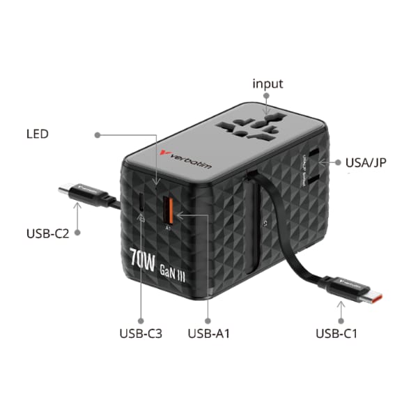 Verbatim Adapter podróżny EU/UK/US GaN   1xUSB-C/1xUSB-A/2xUSB-C PD 70W fioletowy 30188