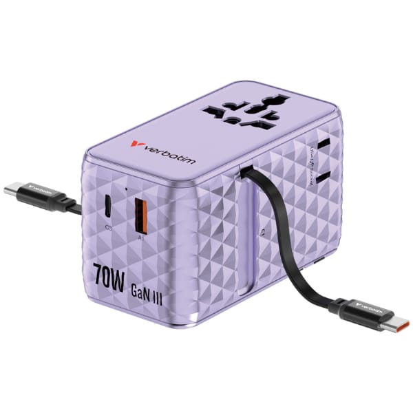 Verbatim Adapter podróżny EU/UK/US GaN   1xUSB-C/1xUSB-A/2xUSB-C PD 70W fioletowy 30188