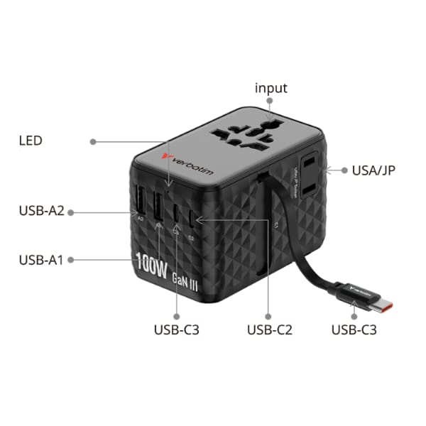 Verbatim, Uniwersalny adapter podróżny Charge ,n, Travel 2x USB-C, 2X USB-A + 1x zintegrowany kabel USB-C, czarna, 100 W