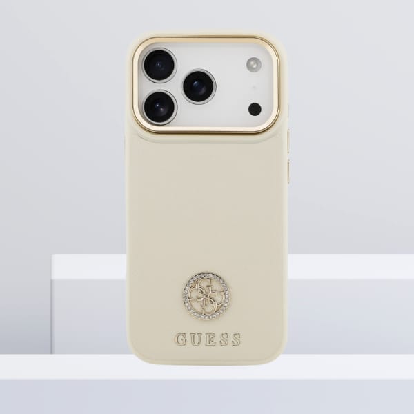 Etui Guess Grained Strass Logo MagSafe   do iPhone 17 Pro beżowy