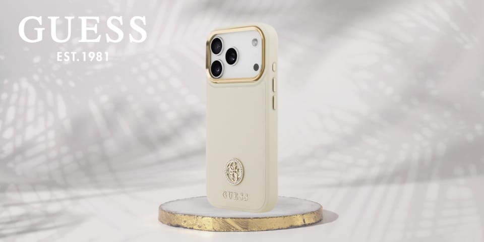 Etui Guess Grained Strass Logo MagSafe   do iPhone 17 Pro beżowy