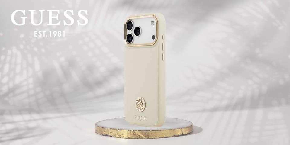 Etui Guess Grained Strass Logo MagSafe   do iPhone 17 Pro Max beżowy