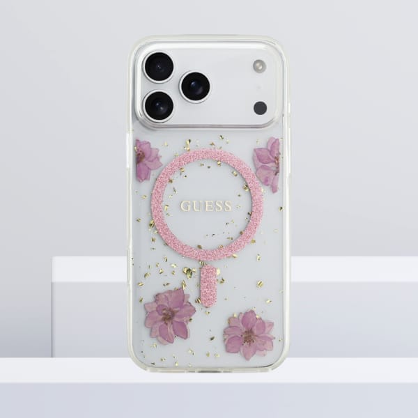 Etui Guess Resin Flowers Glitter MagSafe do iPhone 17 Pro Max różowy