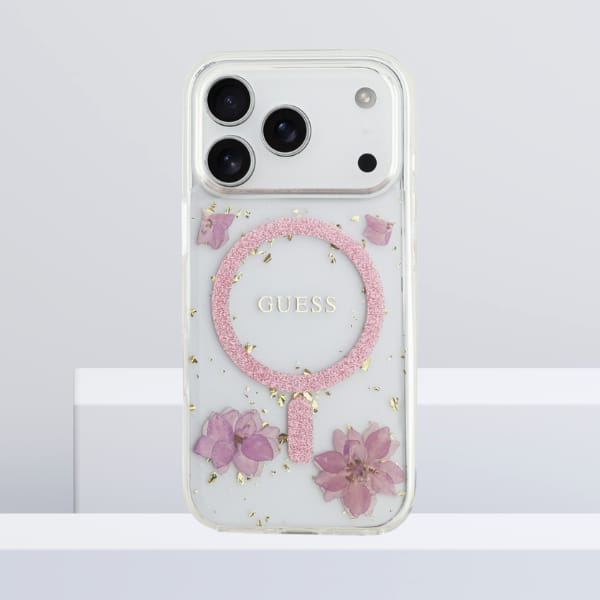 Etui Guess Resin Flowers Glitter MagSafe do iPhone 17 Pro różowy
