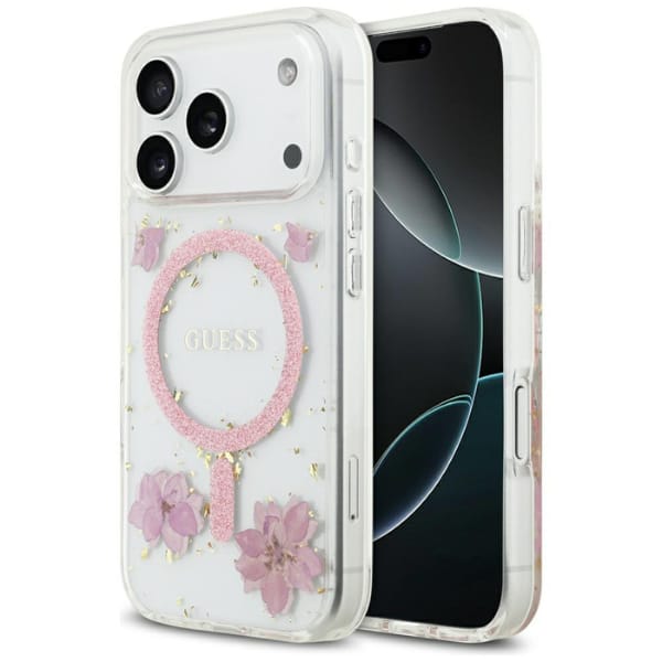 Etui Guess Resin Flowers Glitter MagSafe do iPhone 17 Pro różowy