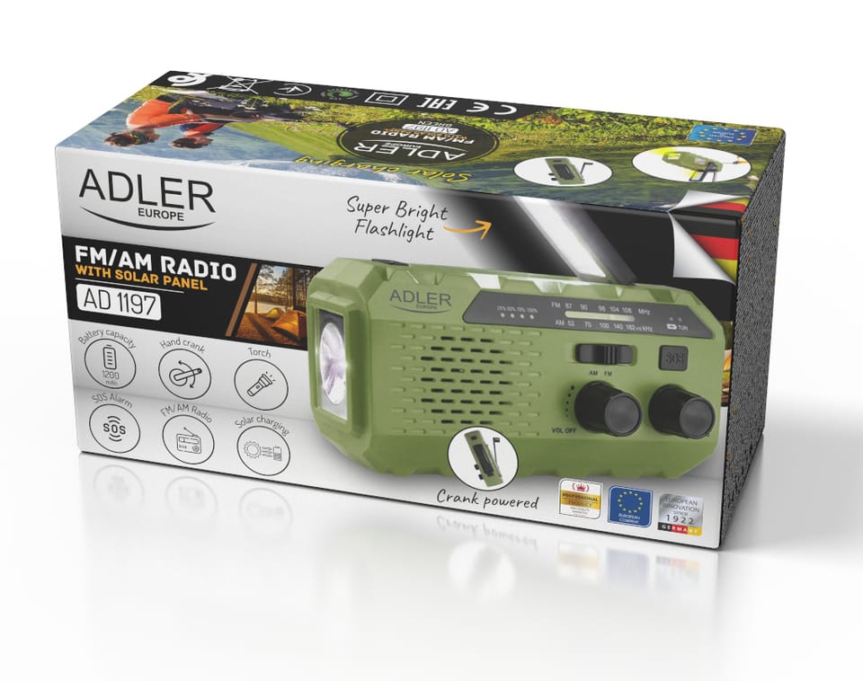 Radio solarne z korbką Adler AD 1197 G powerbank latarka