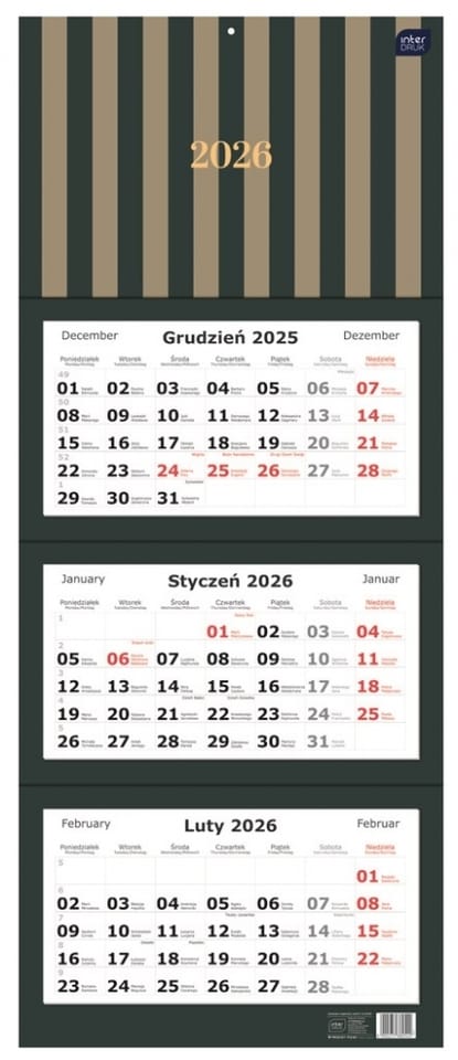 Kalendarz trójdzielny 2026 82,5x34cm Paski INTERDRUK