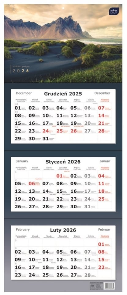 Kalendarz trójdzielny 2026 82,5x34cm Widoki INTERDRUK