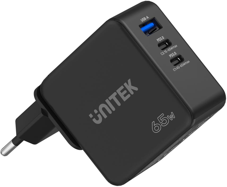 UNITEK ŁADOWARKA GAN, PD 65W 2X USB-C, USB-A