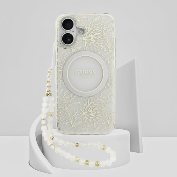 Etui Guess IML Flowers Electro Pearl     Strap MagSafe do iPhone 17 biały