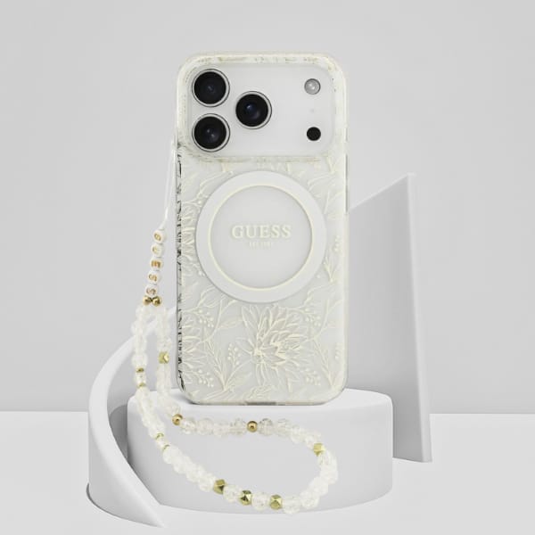 Etui Guess IML Flowers Electro Pearl     Strap MagSafe do iPhone 17 Pro biały