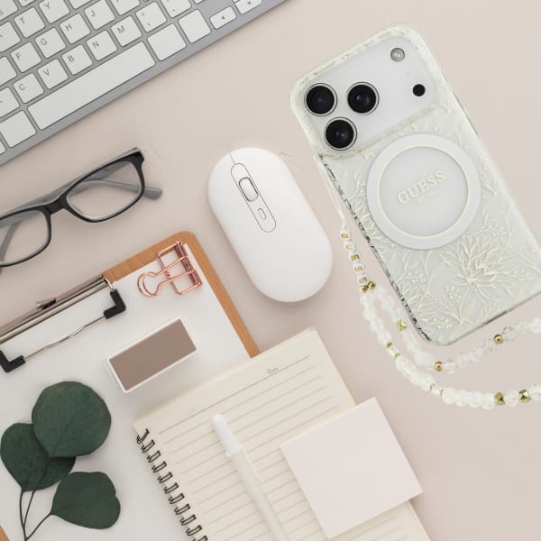 Etui Guess IML Flowers Electro Pearl     Strap MagSafe do iPhone 17 Pro biały