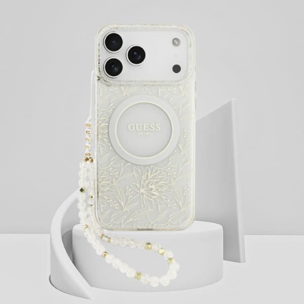 Etui Guess IML Flowers Electro Pearl     Strap MagSafe do iPhone 17 Pro Max biały