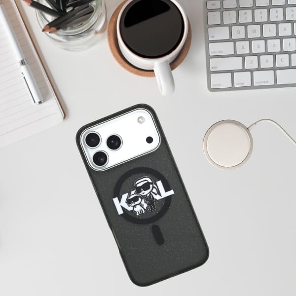 Etui Karl Lagerfeld IML Glitter Karl &   Choupette Sketch Logo MagSafe do iPhone 17 Pro Max czarny
