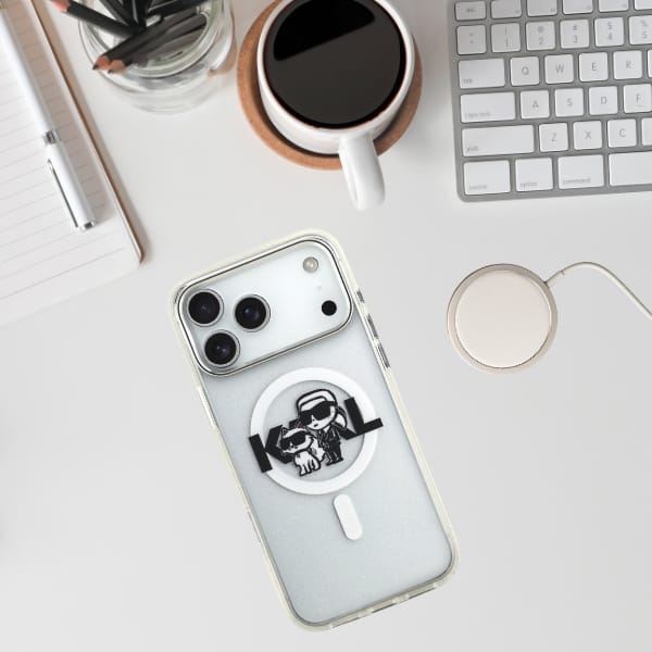 Etui Karl Lagerfeld IML Glitter Karl &   Choupette Sketch Logo MagSafe do iPhone 17 Pro Max przezroczysty